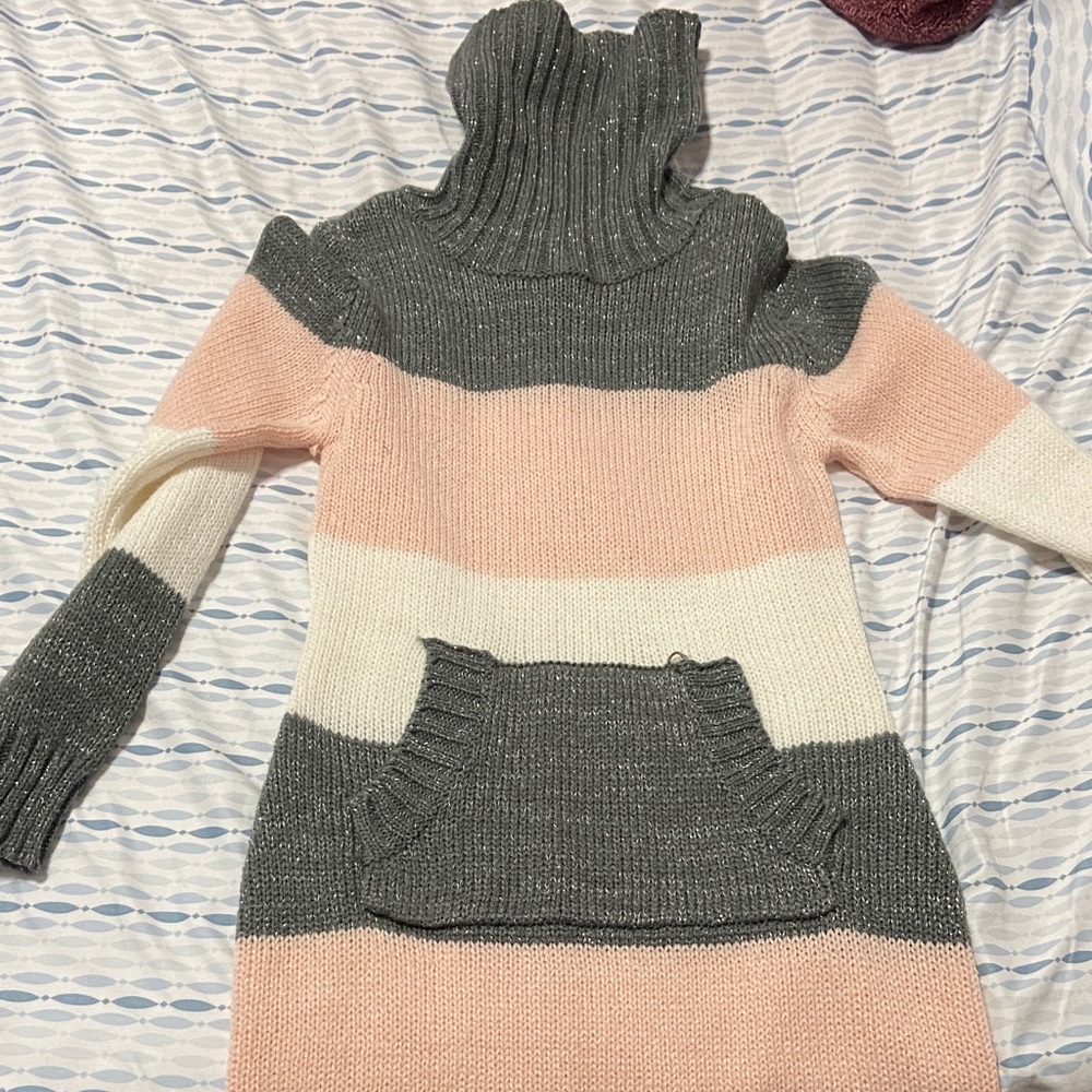 Striped Gray and Pink Turtleneck Sweater Dress